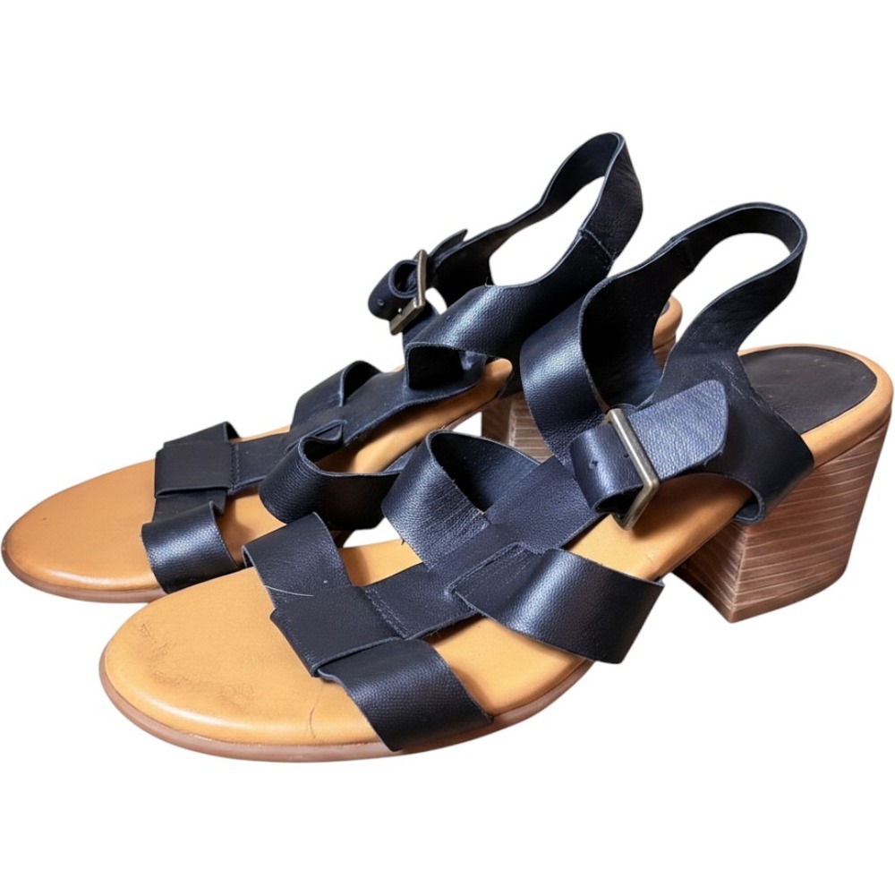 Korks by Kork-Ease Black Leather‎ Strappy Block Heel Sandals Size 7 Q39803